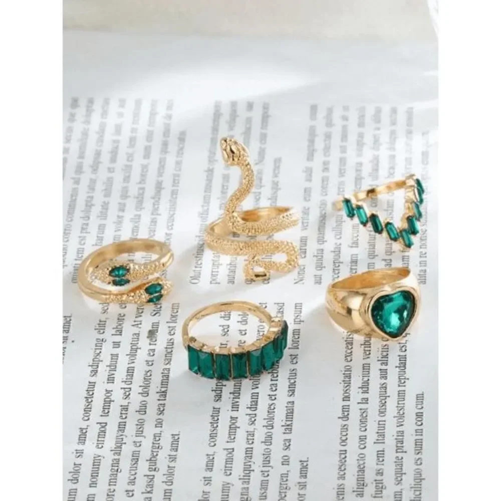 Gold Emerald Gothic Punk Snake Stackable Ring Set - 5 Piece - Picture 6 of 7